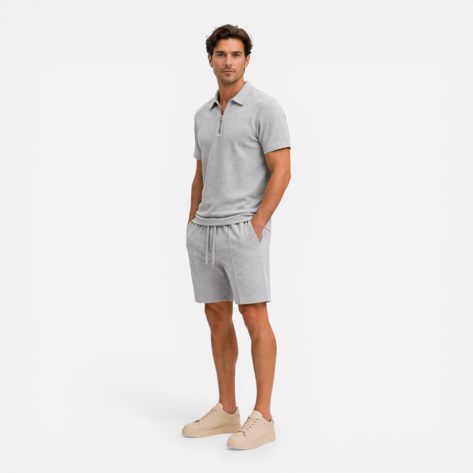 Men's Textured Zip Polo and Shorts Set - Summer Co-Ord Outfit
