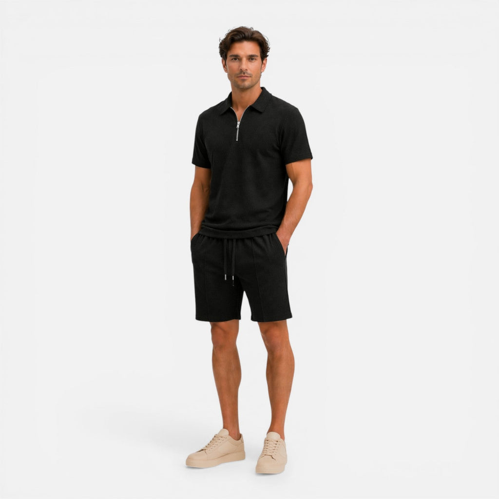 Men's Textured Zip Polo and Shorts Set - Summer Co-Ord Outfit