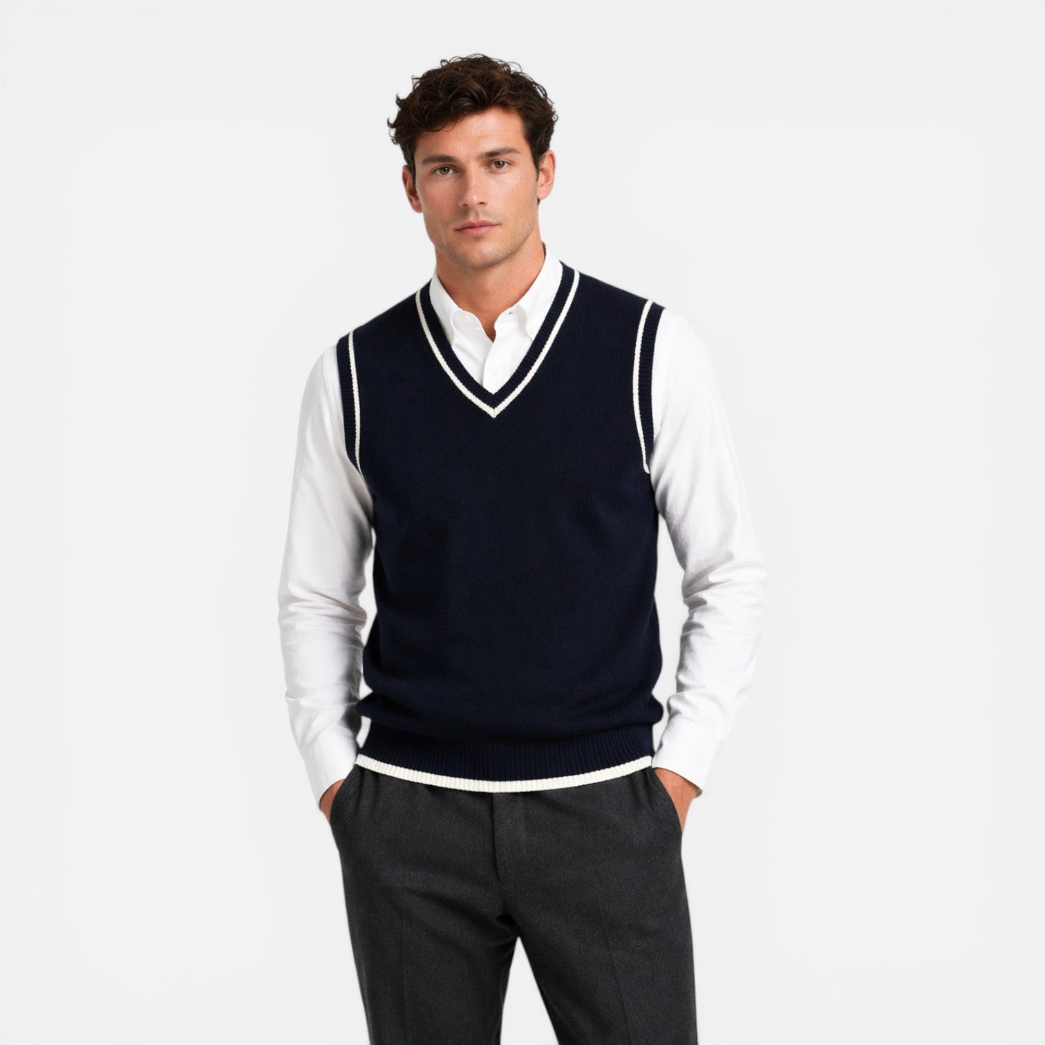 Men's Wool V-Neck Cable Knit Sweater Vest for Business Casual Wear