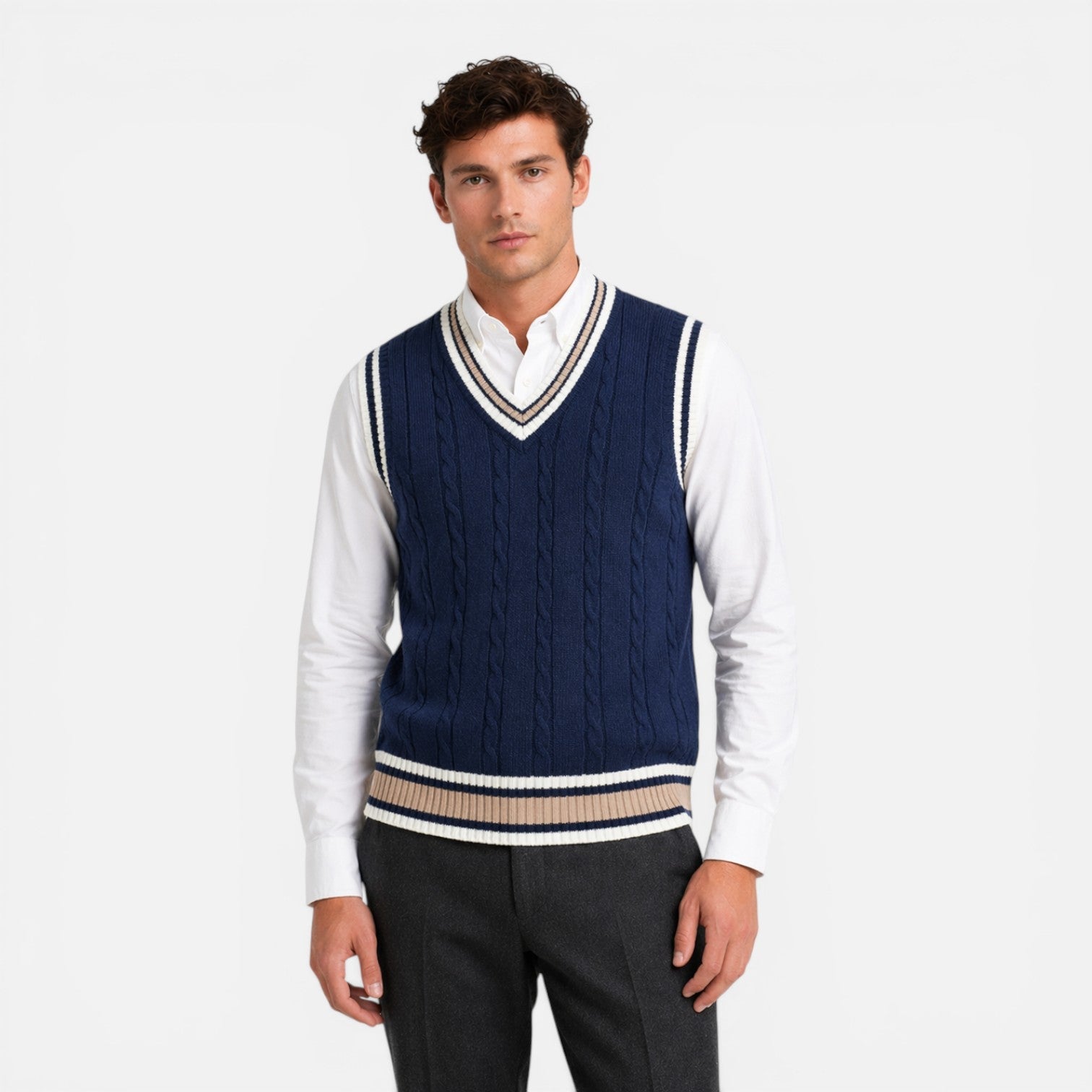 Men's Wool V-Neck Cable Knit Sweater Vest for Business Casual Wear