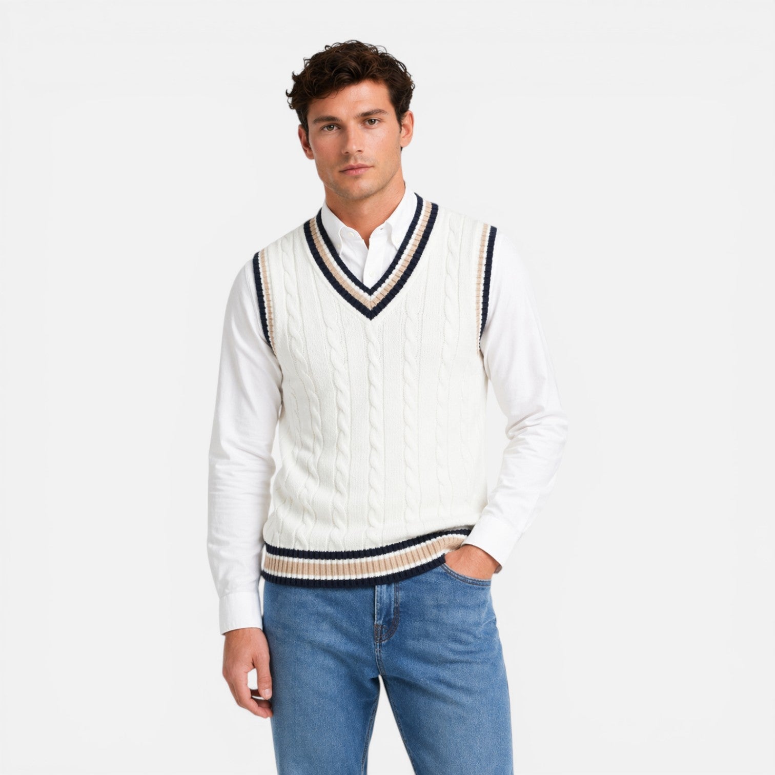 Men's Wool V-Neck Cable Knit Sweater Vest for Business Casual Wear