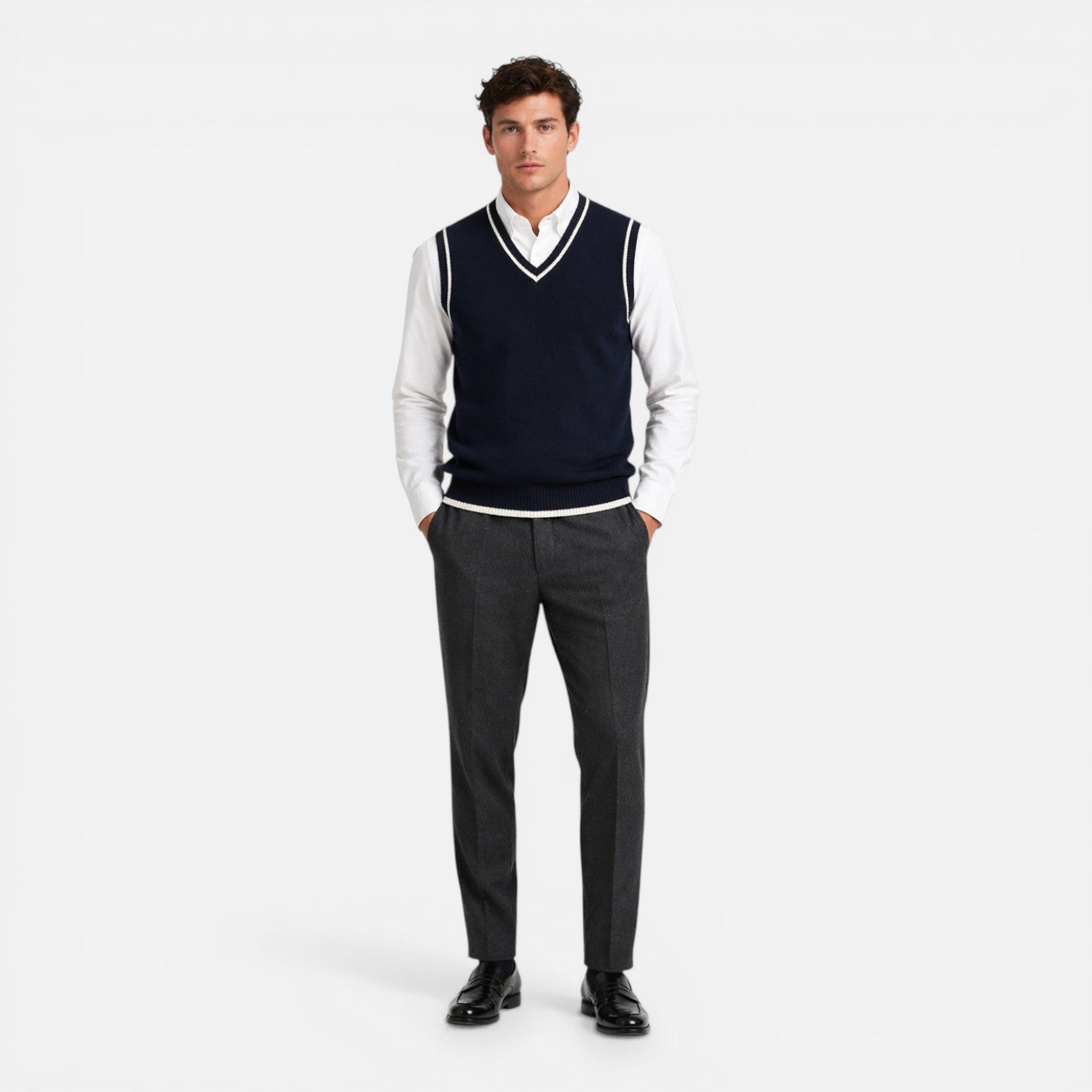 Men's Wool V-Neck Cable Knit Sweater Vest for Business Casual Wear