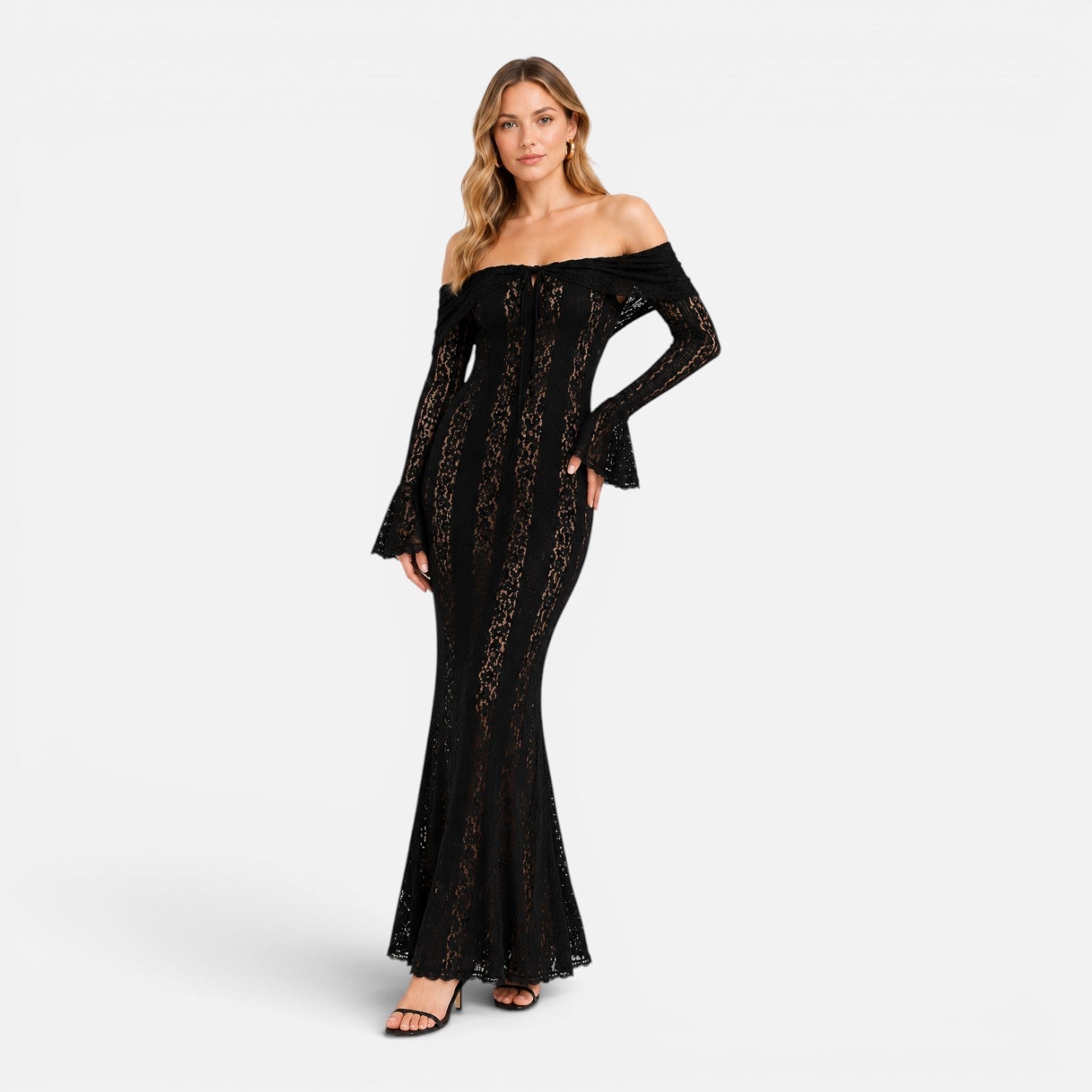Off Shoulder Lace Maxi Dress with Flare Sleeves for Women