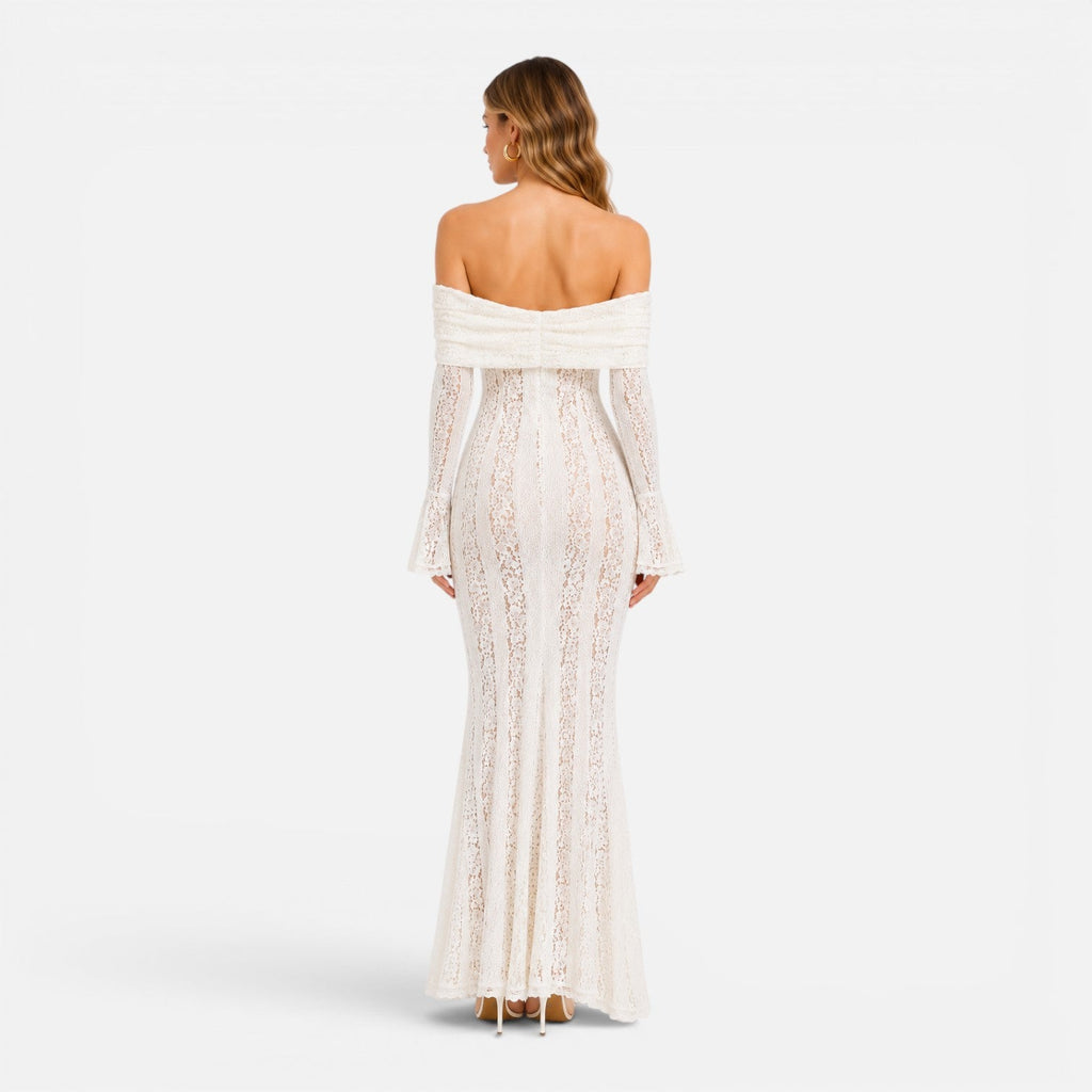 Off Shoulder Lace Maxi Dress with Flare Sleeves for Women