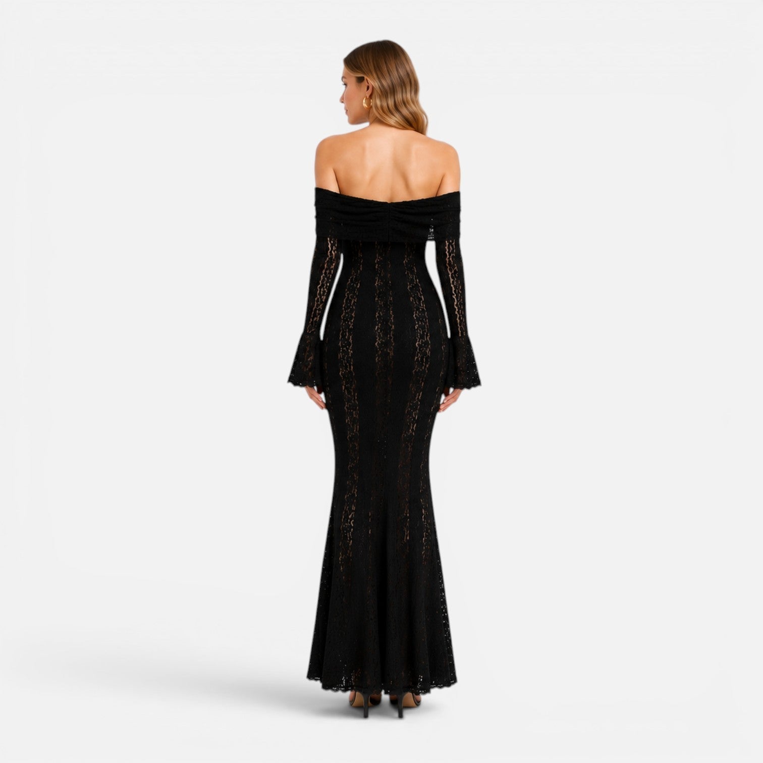 Off Shoulder Lace Maxi Dress with Flare Sleeves for Women