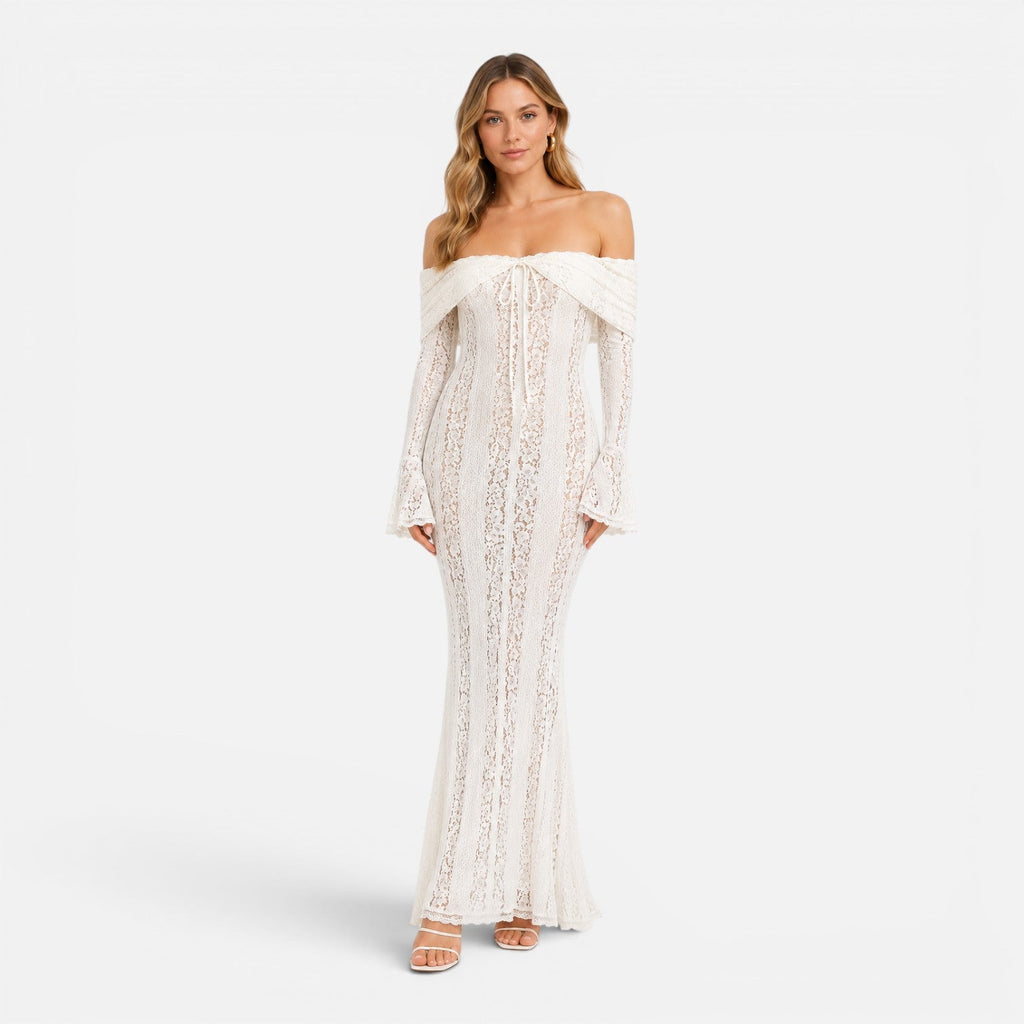 Off Shoulder Lace Maxi Dress with Flare Sleeves for Women