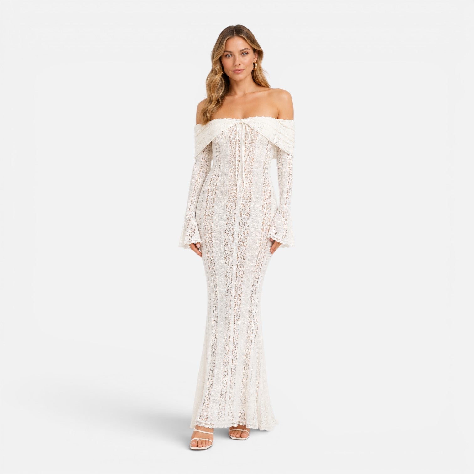 Off Shoulder Lace Maxi Dress with Flare Sleeves for Women