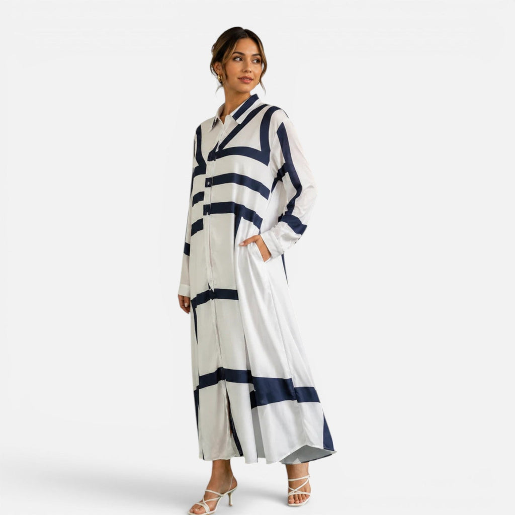 Oversized Geometric Print Maxi Dress for Women - Loose Fit Shirt Style