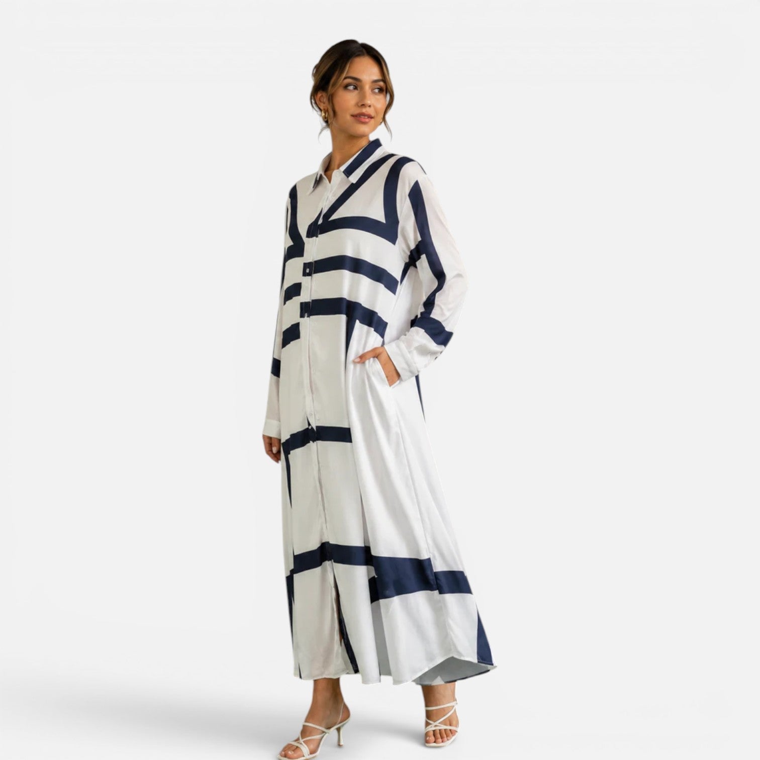 Oversized Geometric Print Maxi Dress for Women - Loose Fit Shirt Style