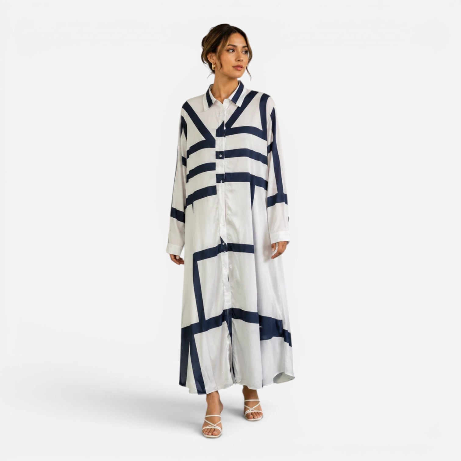 Oversized Geometric Print Maxi Dress for Women - Loose Fit Shirt Style