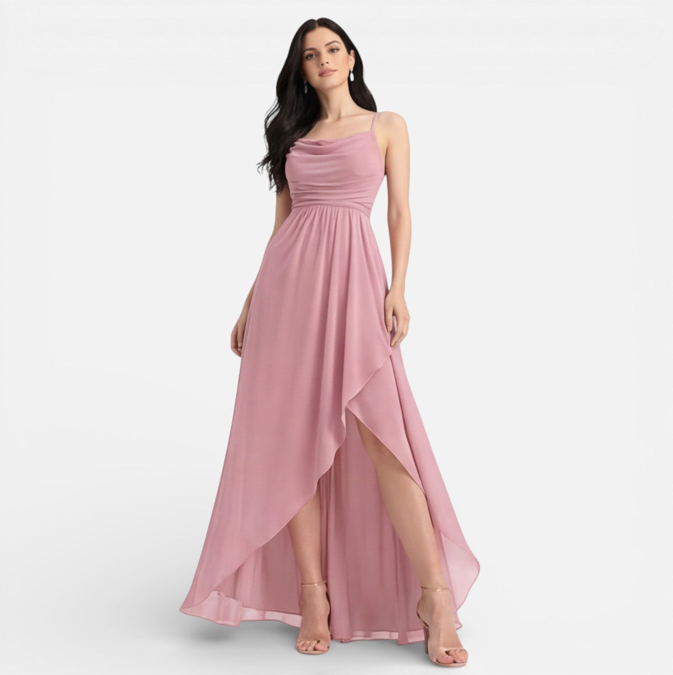 Pink Chiffon High Low Cowl Neck Bridesmaid Dress for Weddings