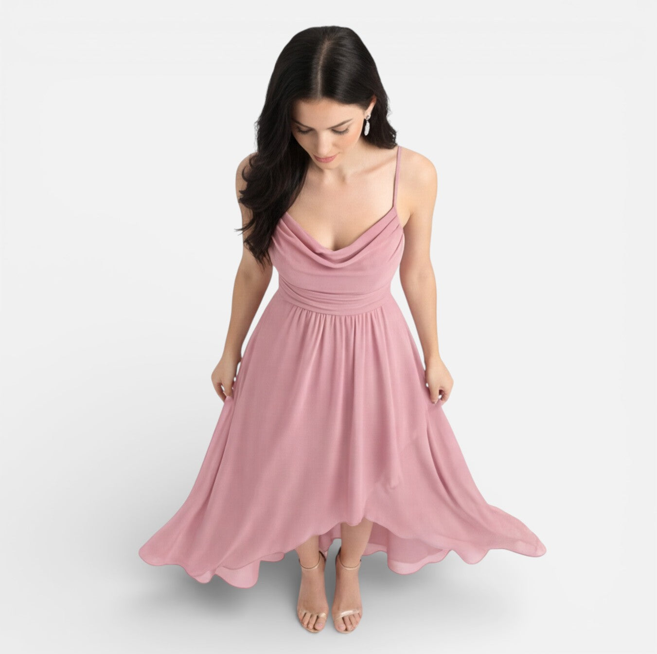 Pink Chiffon High Low Cowl Neck Bridesmaid Dress for Weddings