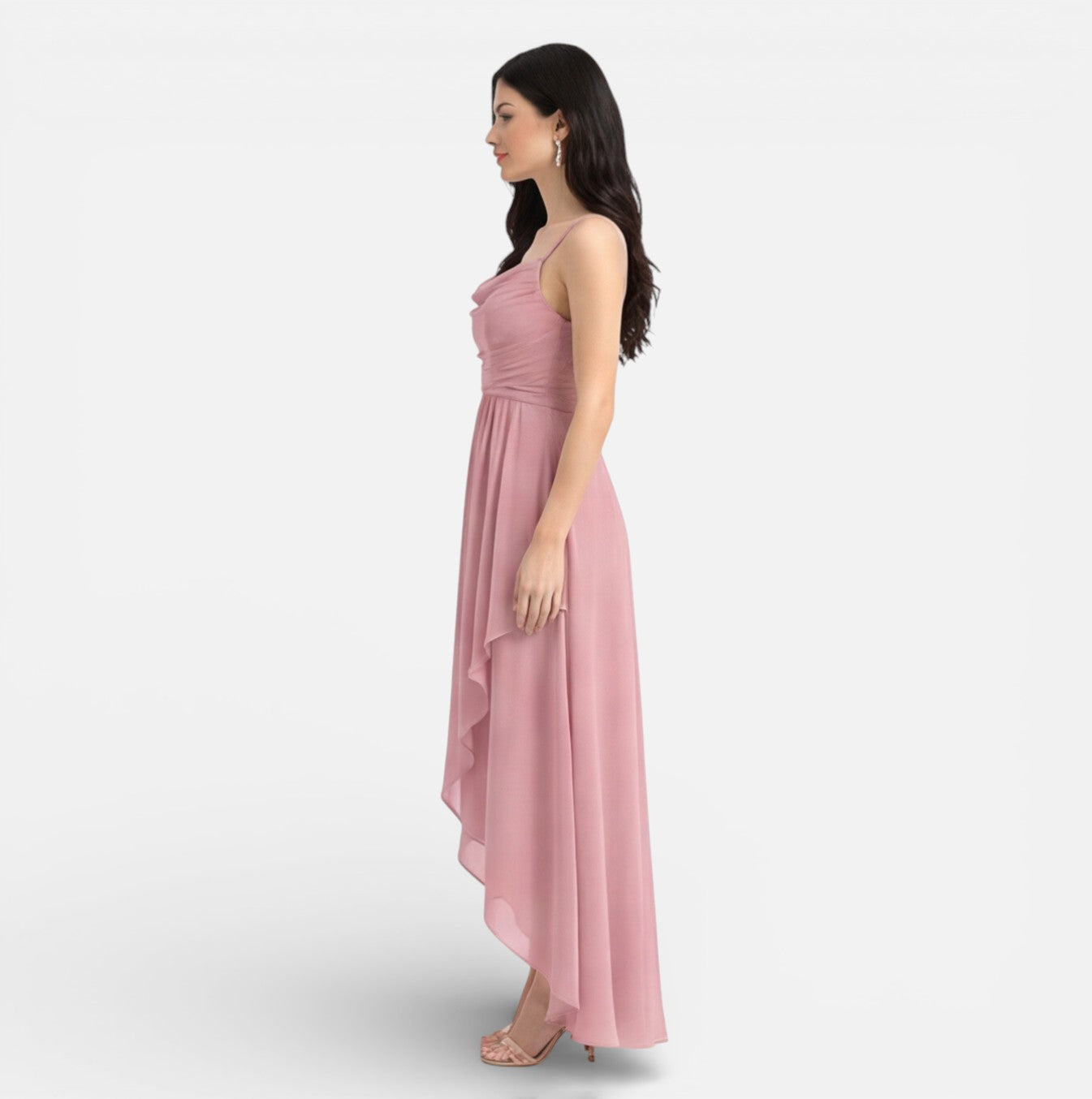 Pink Chiffon High Low Cowl Neck Bridesmaid Dress for Weddings