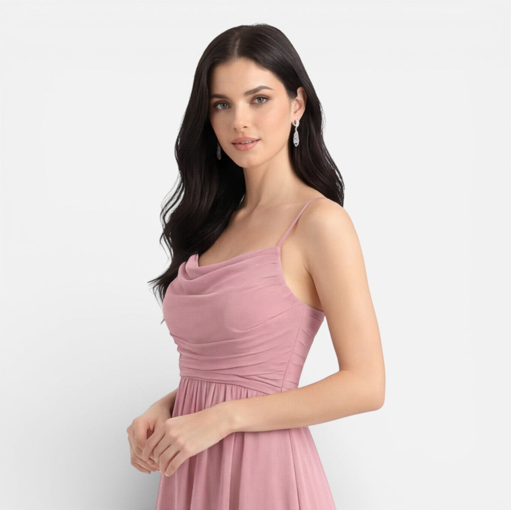 Pink Chiffon High Low Cowl Neck Bridesmaid Dress for Weddings