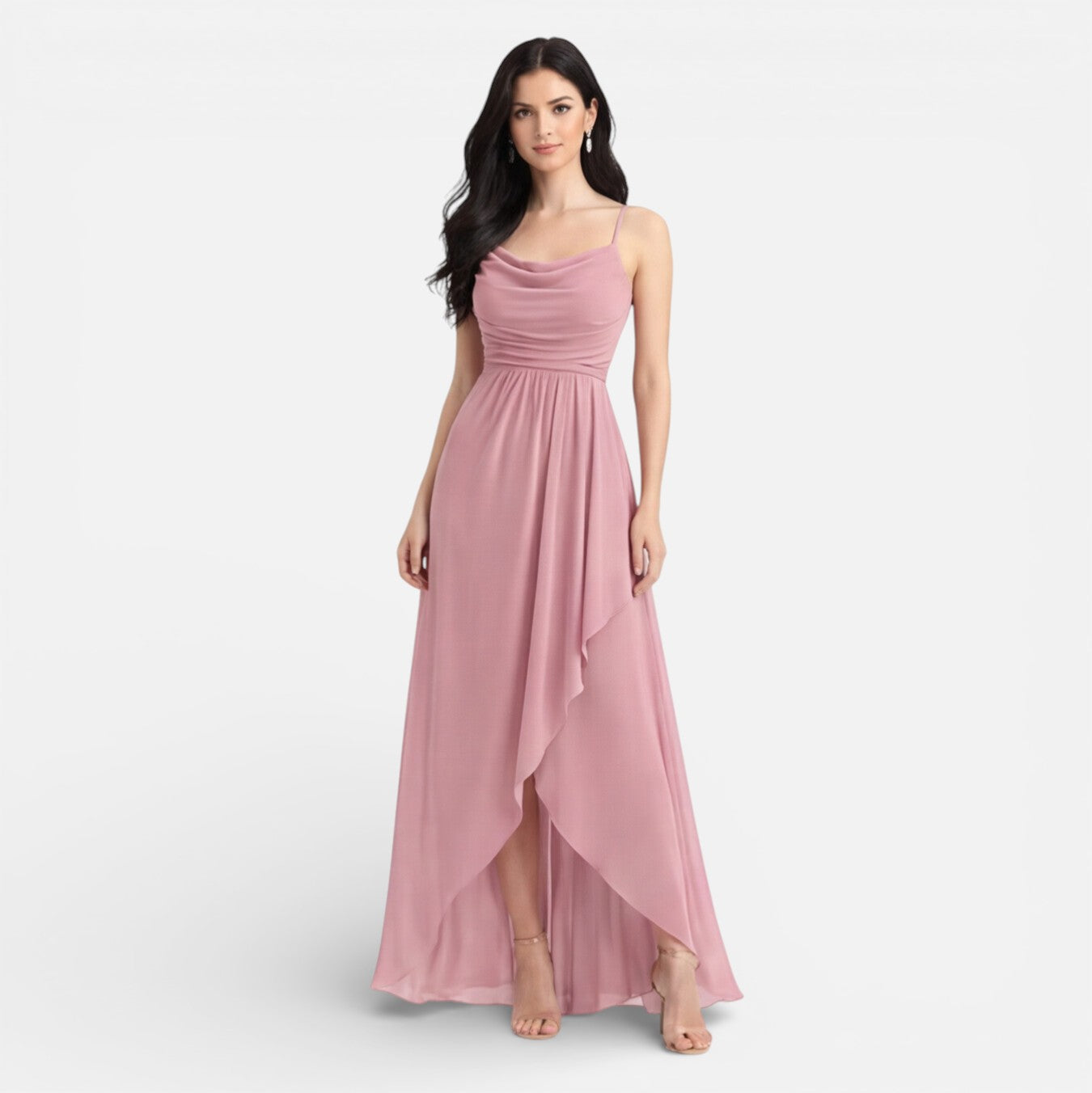 Pink Chiffon High Low Cowl Neck Bridesmaid Dress for Weddings