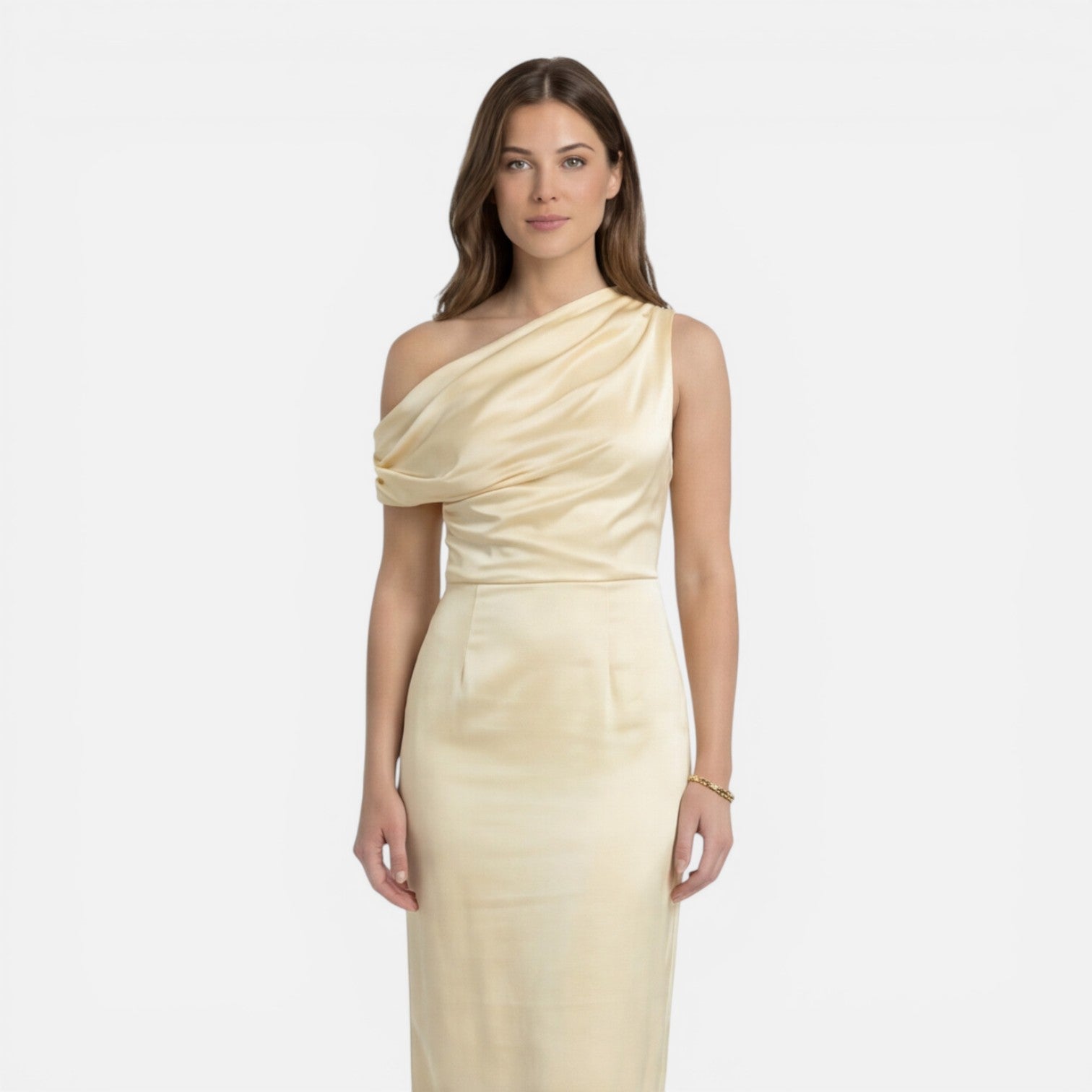 Satin One Shoulder Midi Dress for Women | Slim Fit Wedding Guest Attire