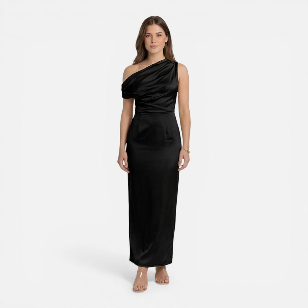 Satin One Shoulder Midi Dress for Women | Slim Fit Wedding Guest Attire