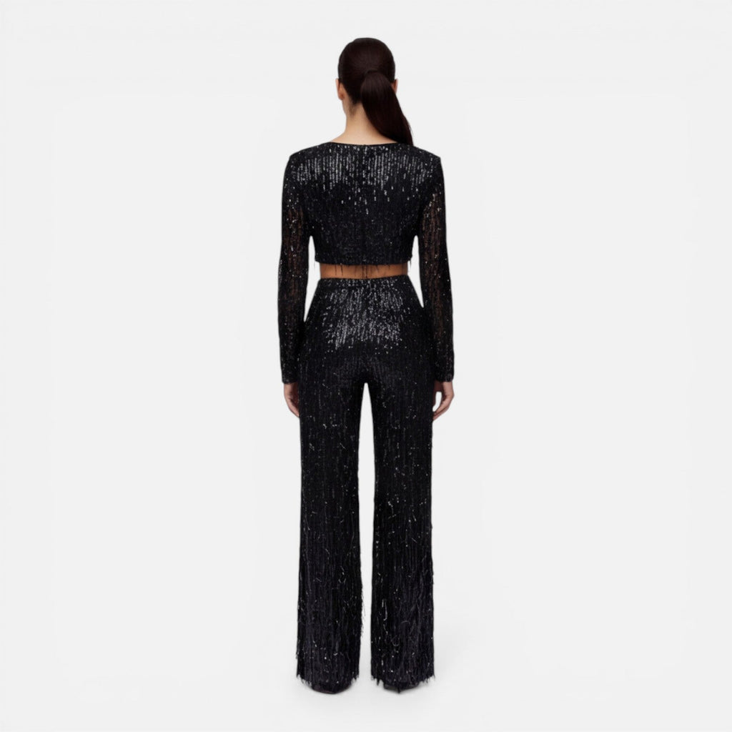 Sequin Crop Top and Wide Leg Pants Set for Women's Night Out Outfit