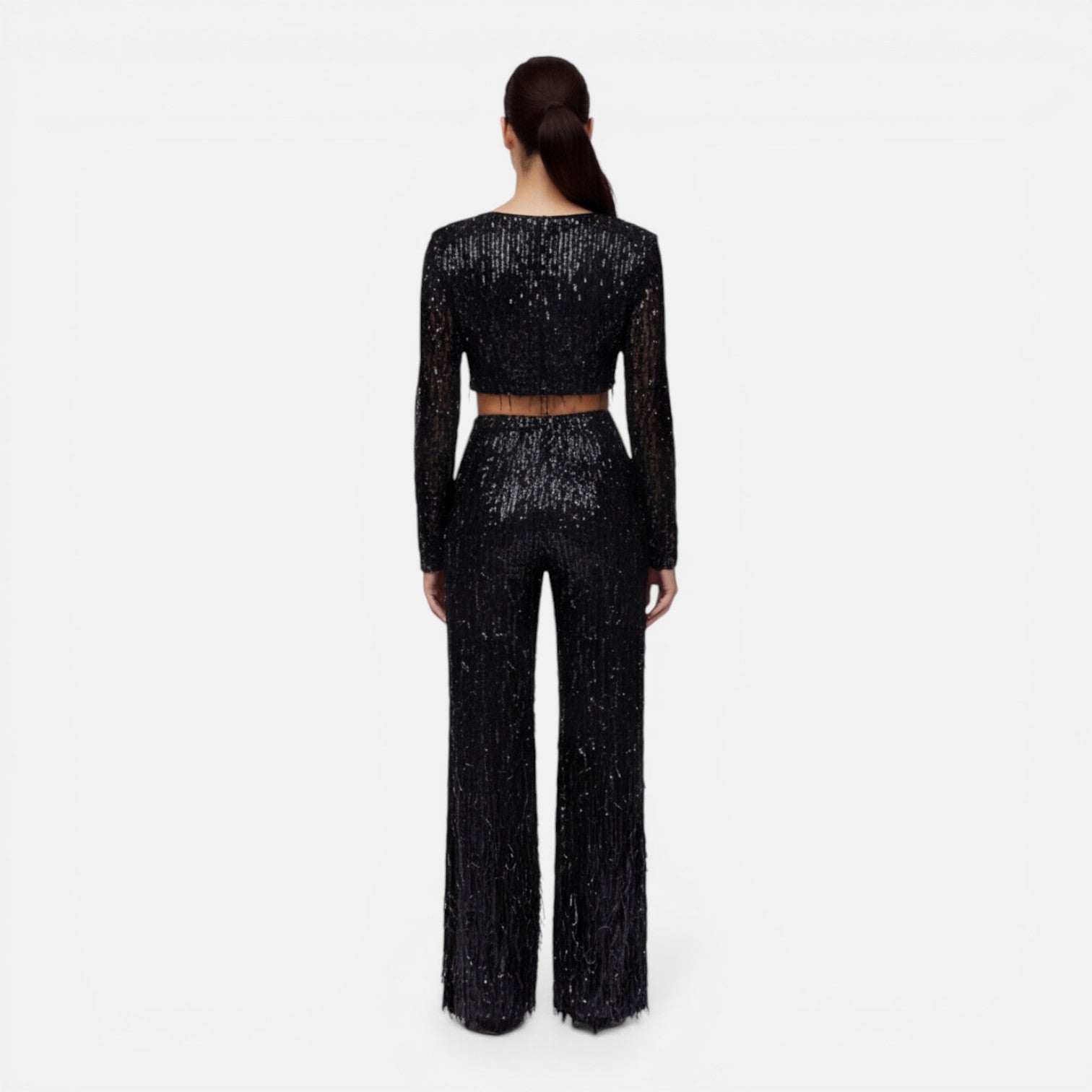 Sequin Crop Top and Wide Leg Pants Set for Women's Night Out Outfit