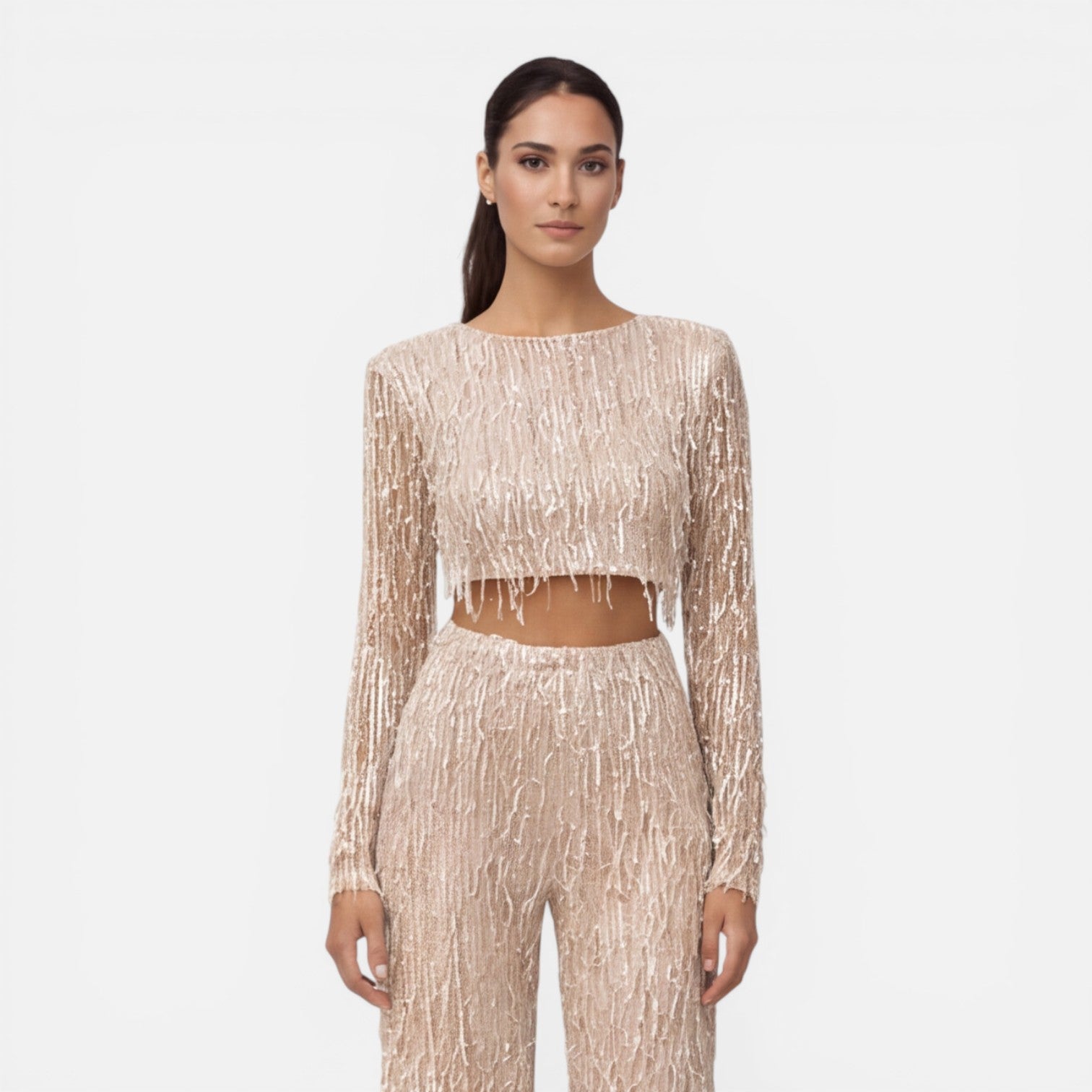 Sequin Crop Top and Wide Leg Pants Set for Women's Night Out Outfit