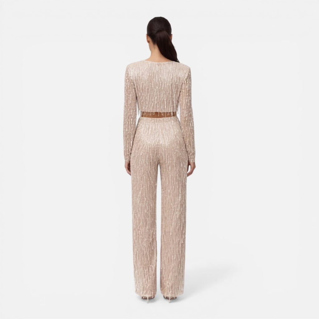 Sequin Crop Top and Wide Leg Pants Set for Women's Night Out Outfit