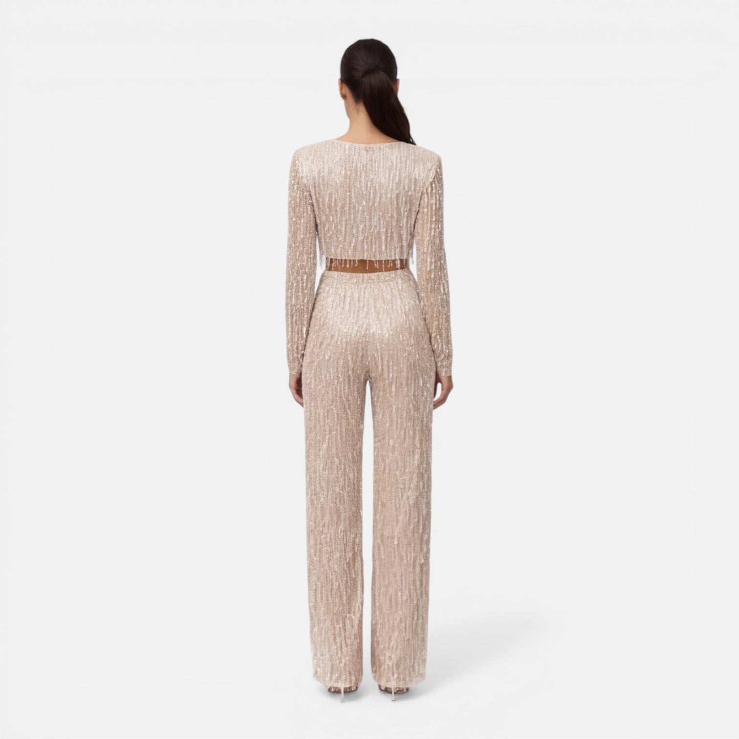 Sequin Crop Top and Wide Leg Pants Set for Women's Night Out Outfit