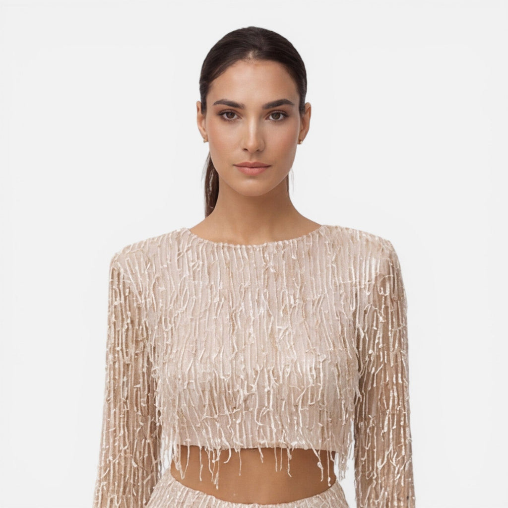 Sequin Crop Top and Wide Leg Pants Set for Women's Night Out Outfit