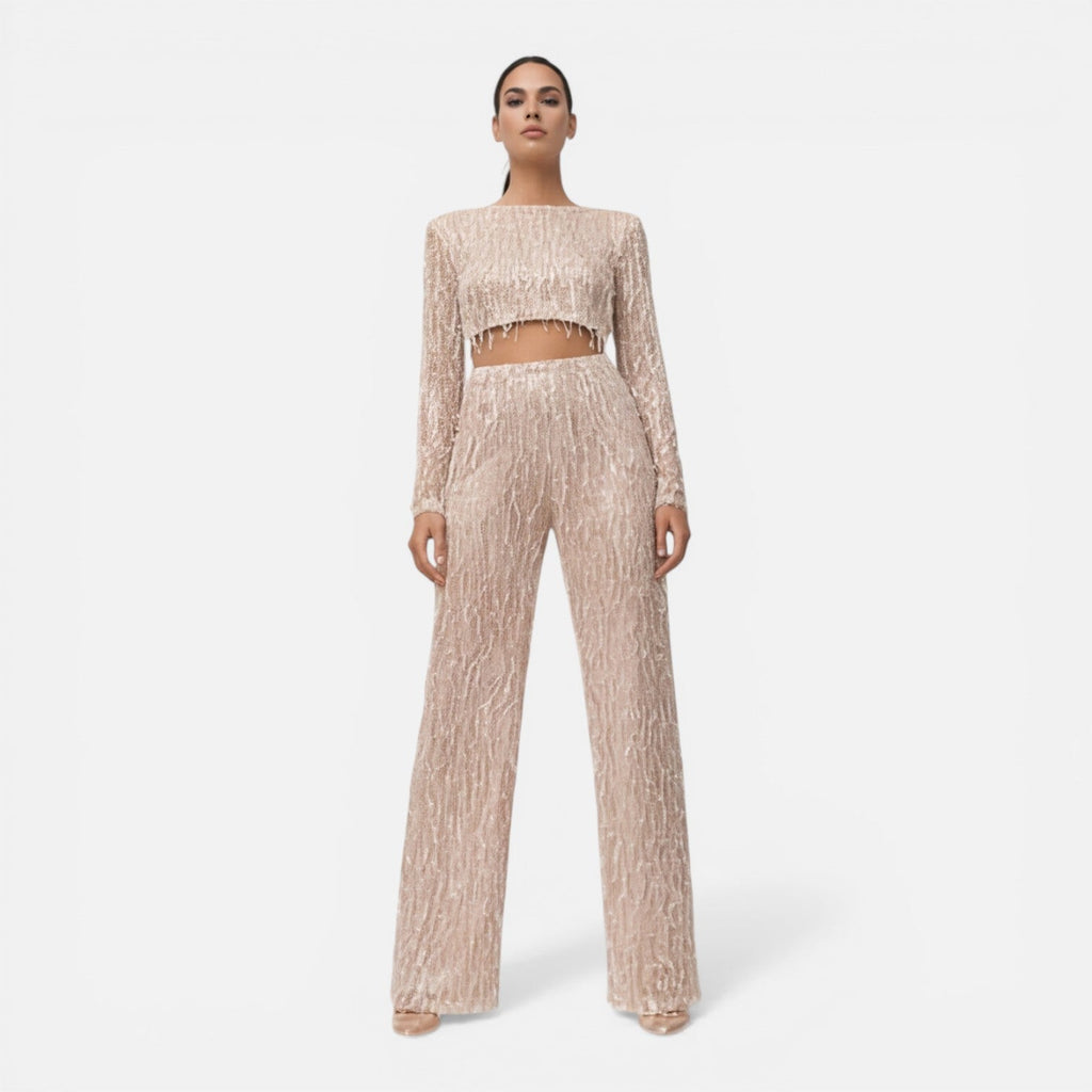 Sequin Crop Top and Wide Leg Pants Set for Women's Night Out Outfit