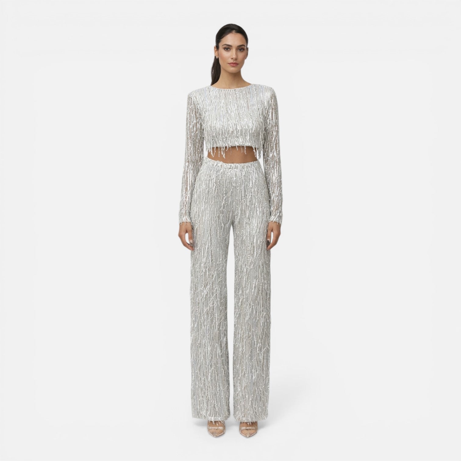 Sequin Crop Top and Wide Leg Pants Set for Women's Night Out Outfit