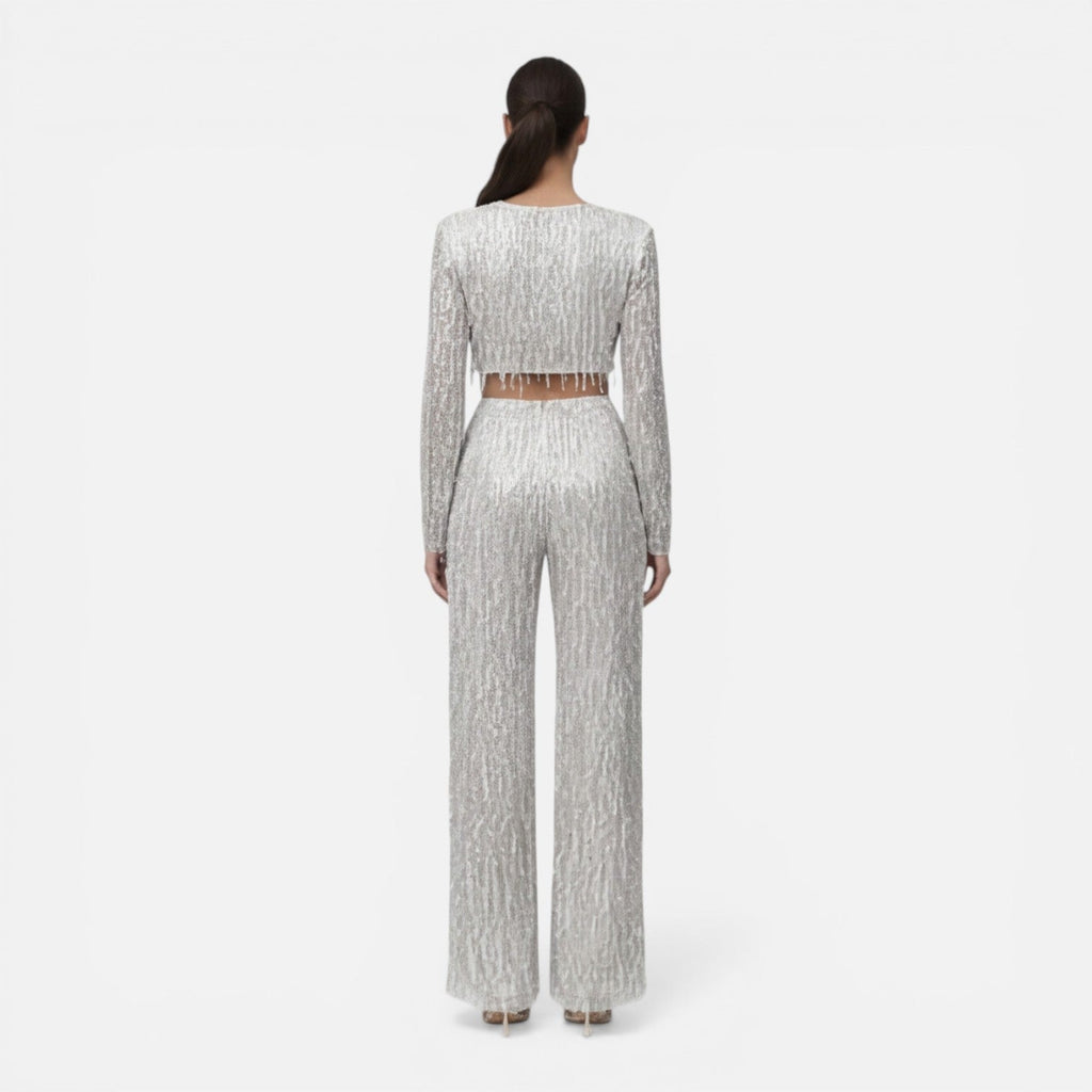 Sequin Crop Top and Wide Leg Pants Set for Women's Night Out Outfit