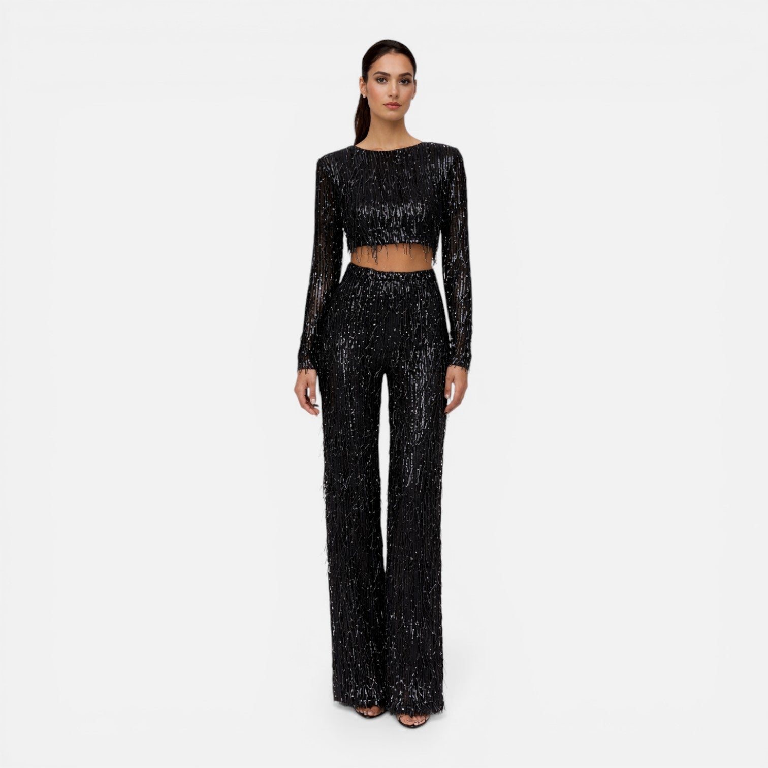 Sequin Crop Top and Wide Leg Pants Set for Women's Night Out Outfit