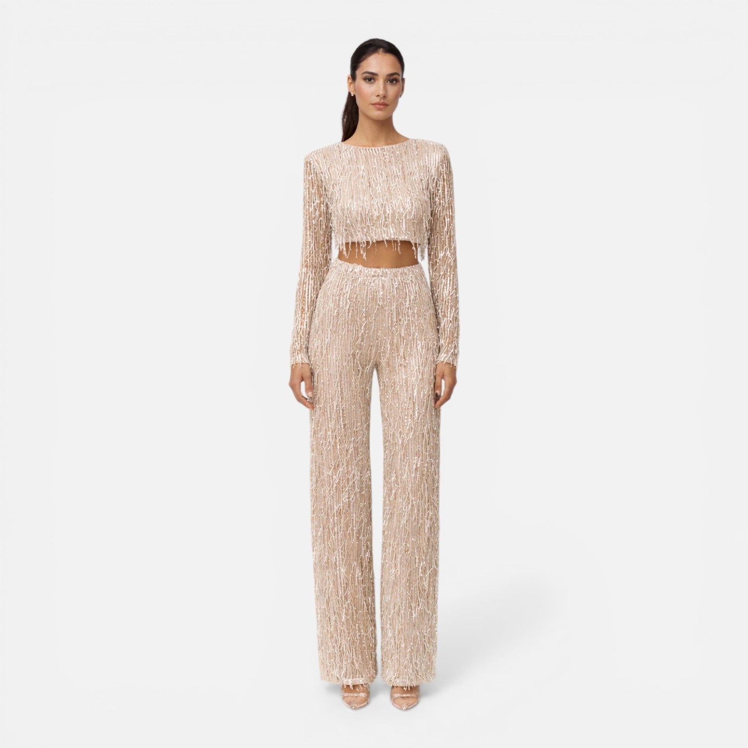 Sequin Crop Top and Wide Leg Pants Set for Women's Night Out Outfit