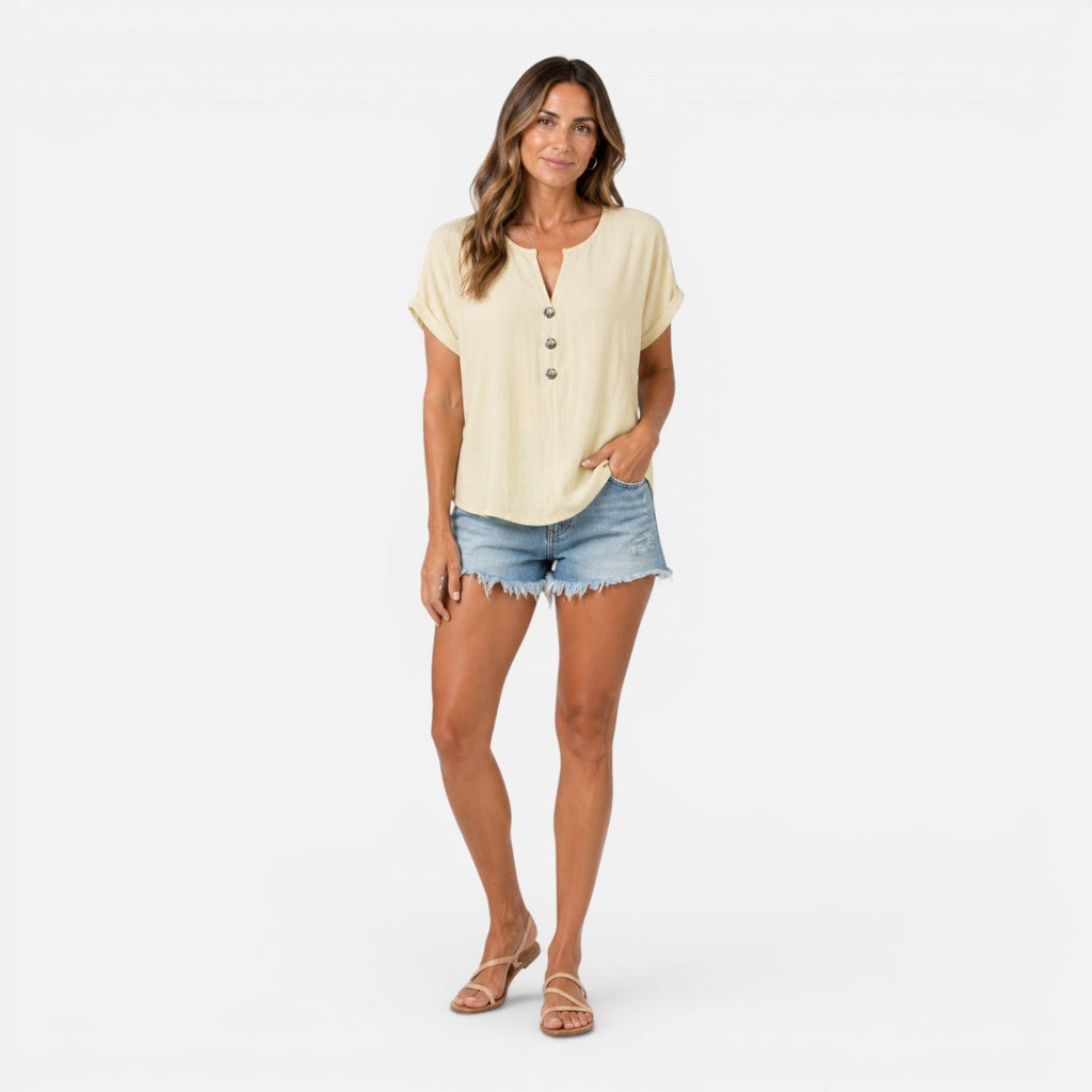 V-Neck Buttoned Women's Lightweight Relaxed Fit Summer T-Shirt