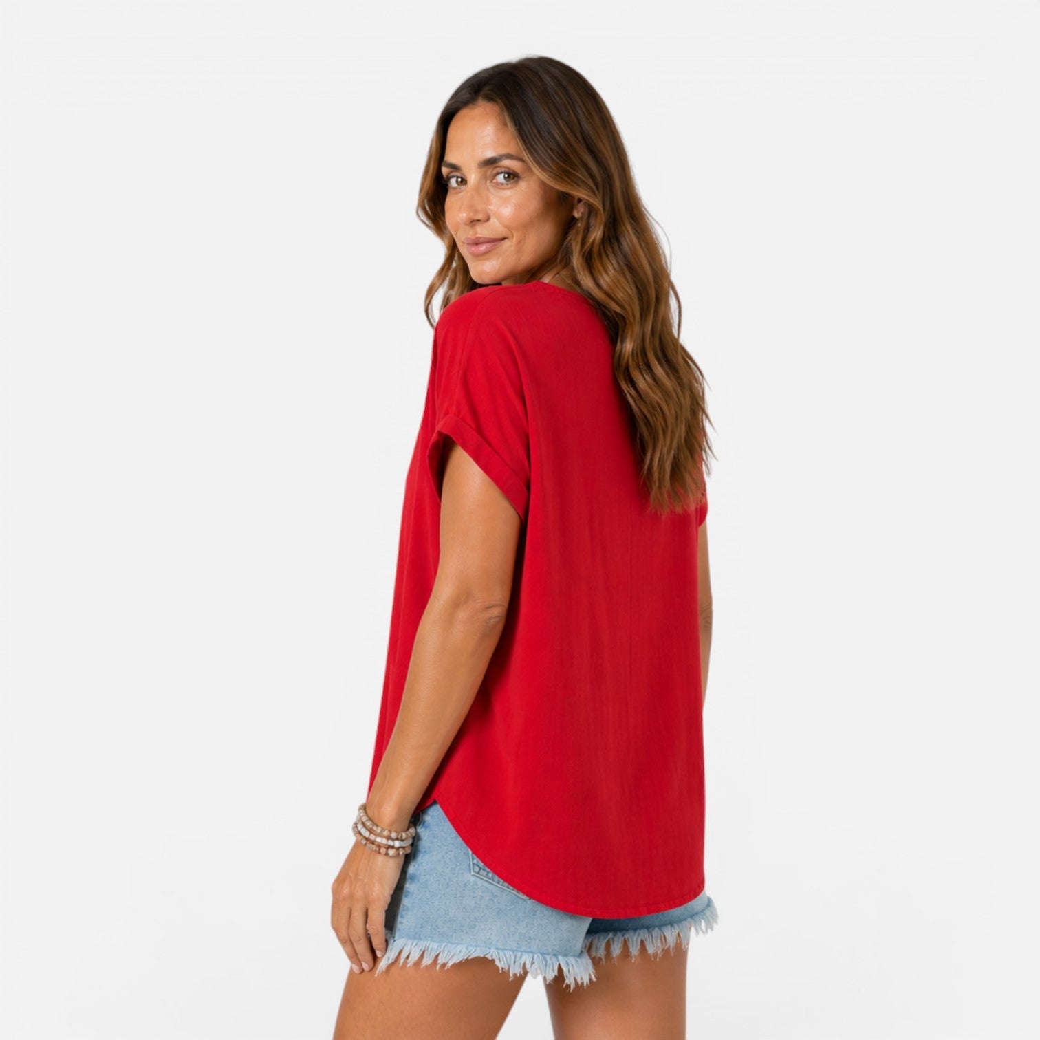 V-Neck Buttoned Women's Lightweight Relaxed Fit Summer T-Shirt