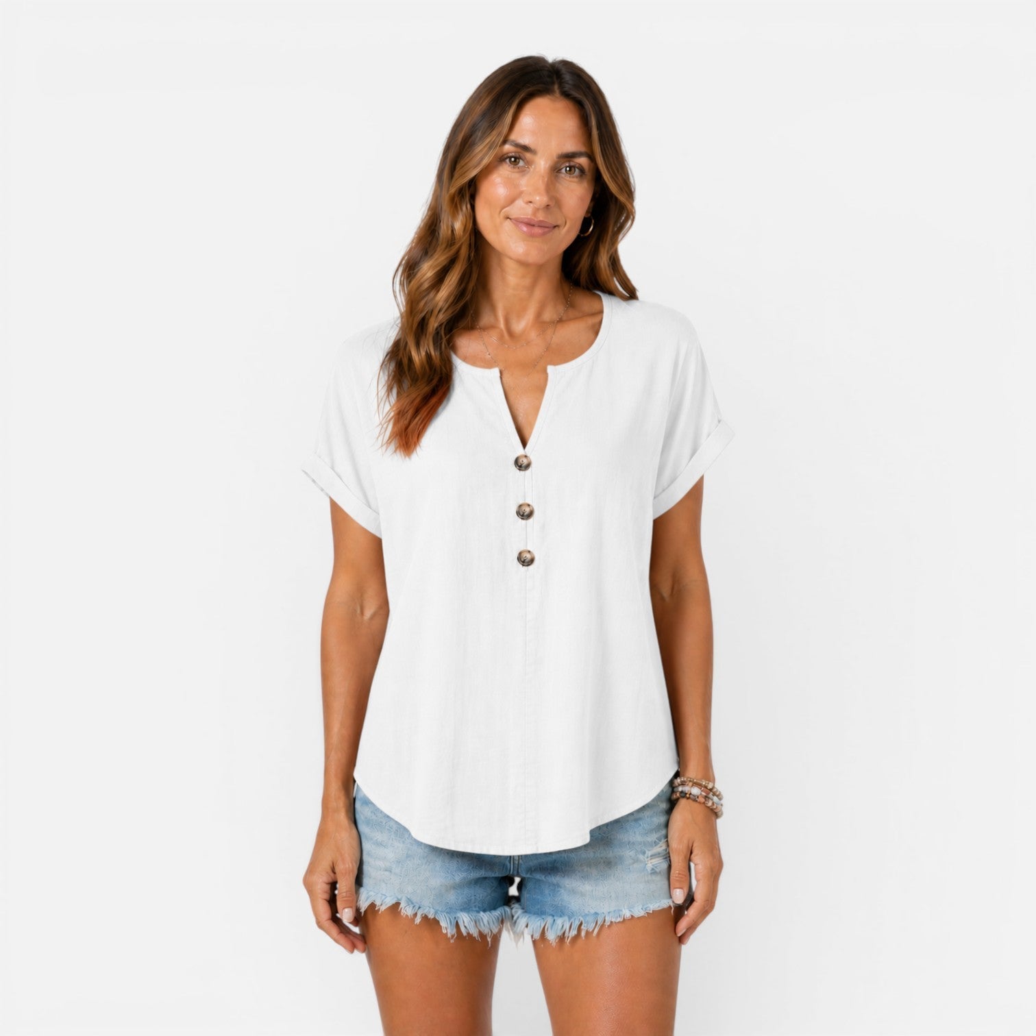 V-Neck Buttoned Women's Lightweight Relaxed Fit Summer T-Shirt