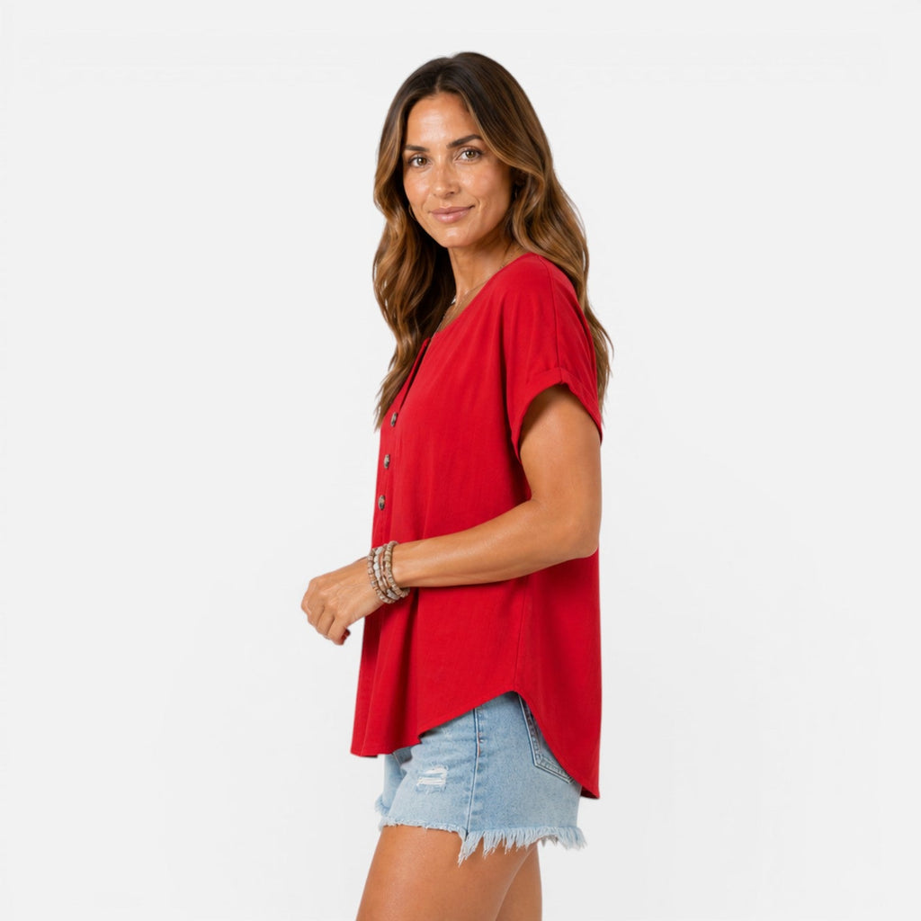 V-Neck Buttoned Women's Lightweight Relaxed Fit Summer T-Shirt