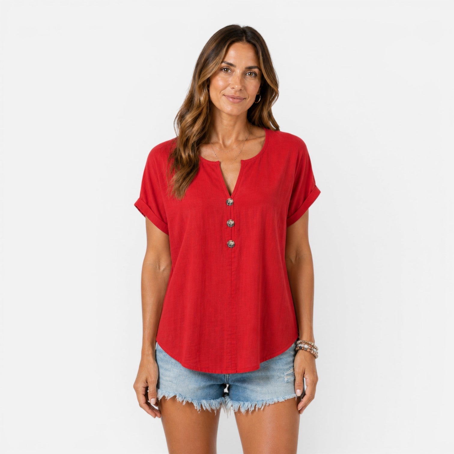V-Neck Buttoned Women's Lightweight Relaxed Fit Summer T-Shirt