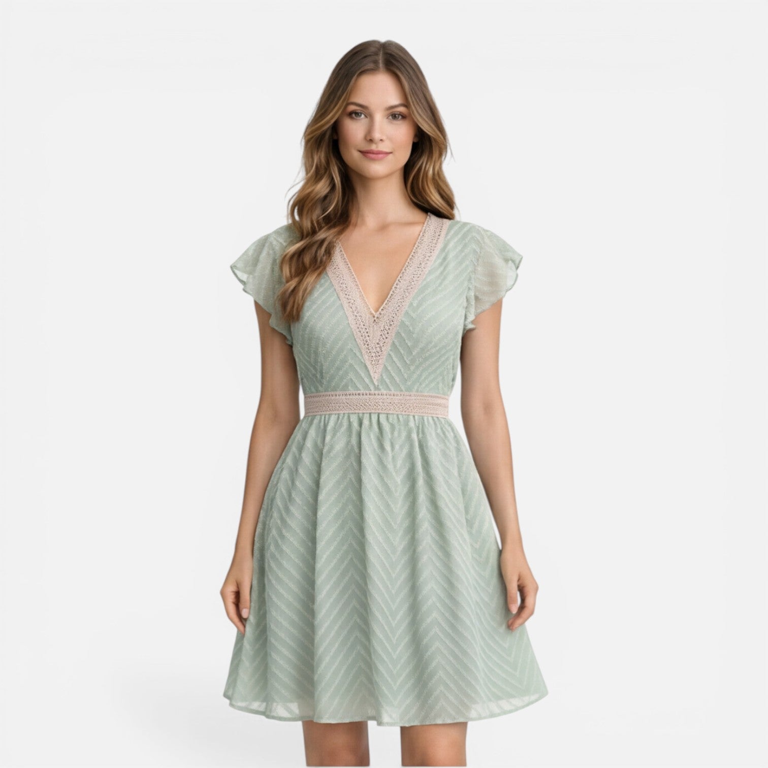 V-Neck Lightweight A-Line Summer Dress with Lace Waist for Women
