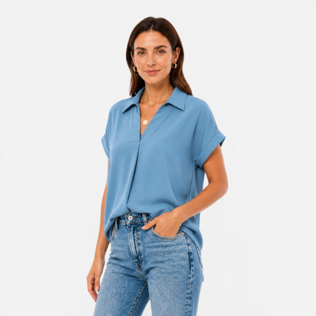 V-Neck Short Sleeve Blouse | Lightweight Relaxed Fit Top for Women