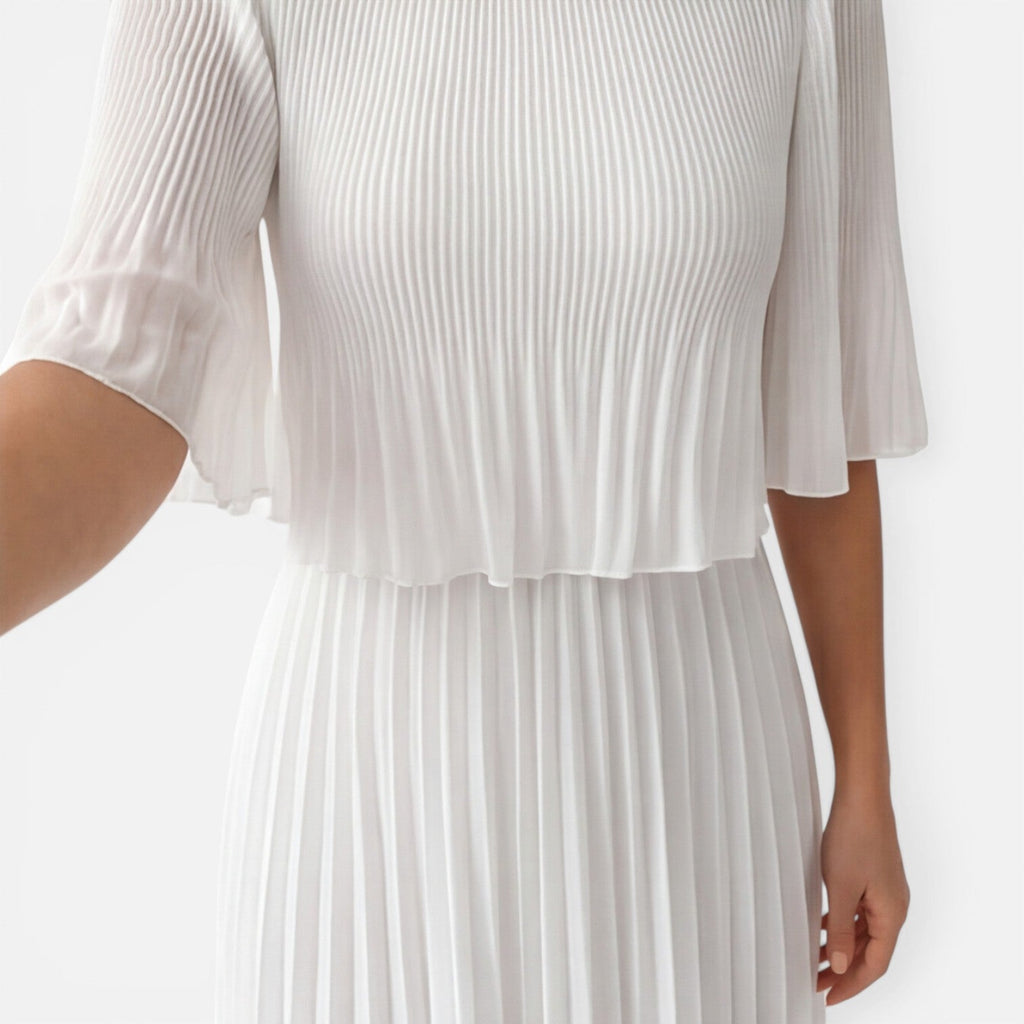 White Chiffon Pleated Maxi Dress for Women | Wedding Guest Attire