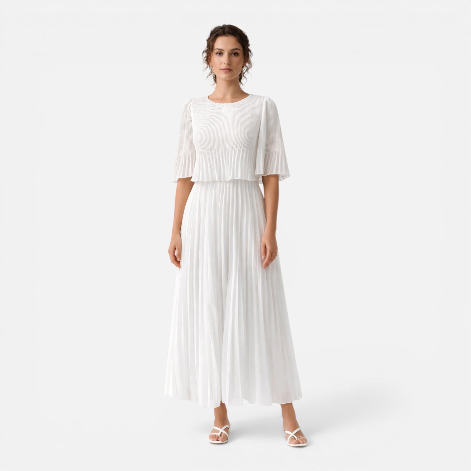 White Chiffon Pleated Maxi Dress for Women | Wedding Guest Attire