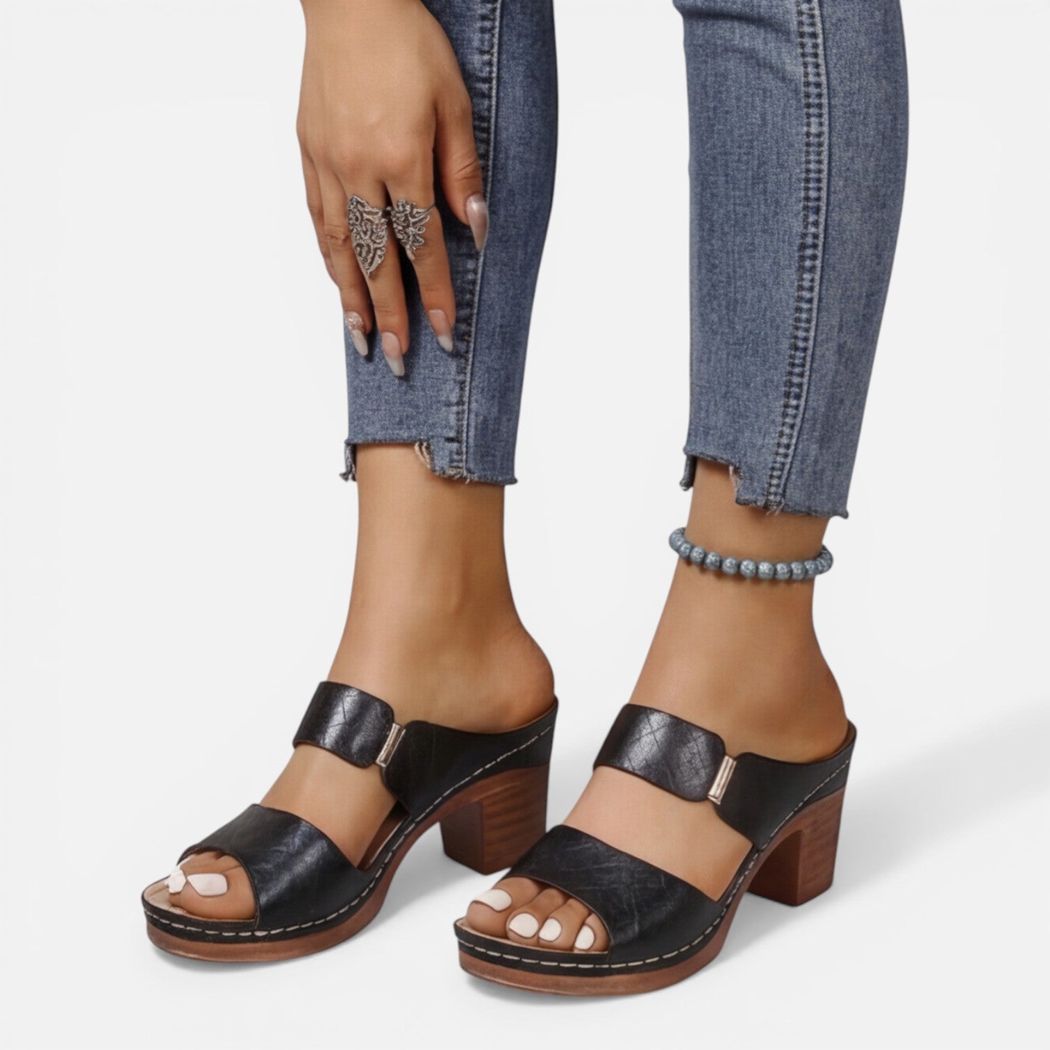Women's Leather Block Heel Sandals - Open Toe Summer Footwear