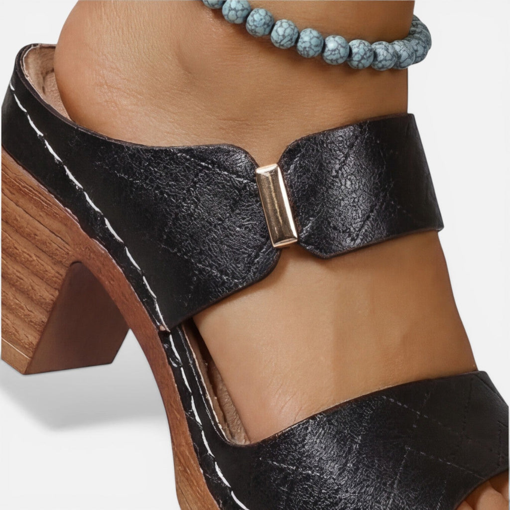 Women's Leather Block Heel Sandals - Open Toe Summer Footwear