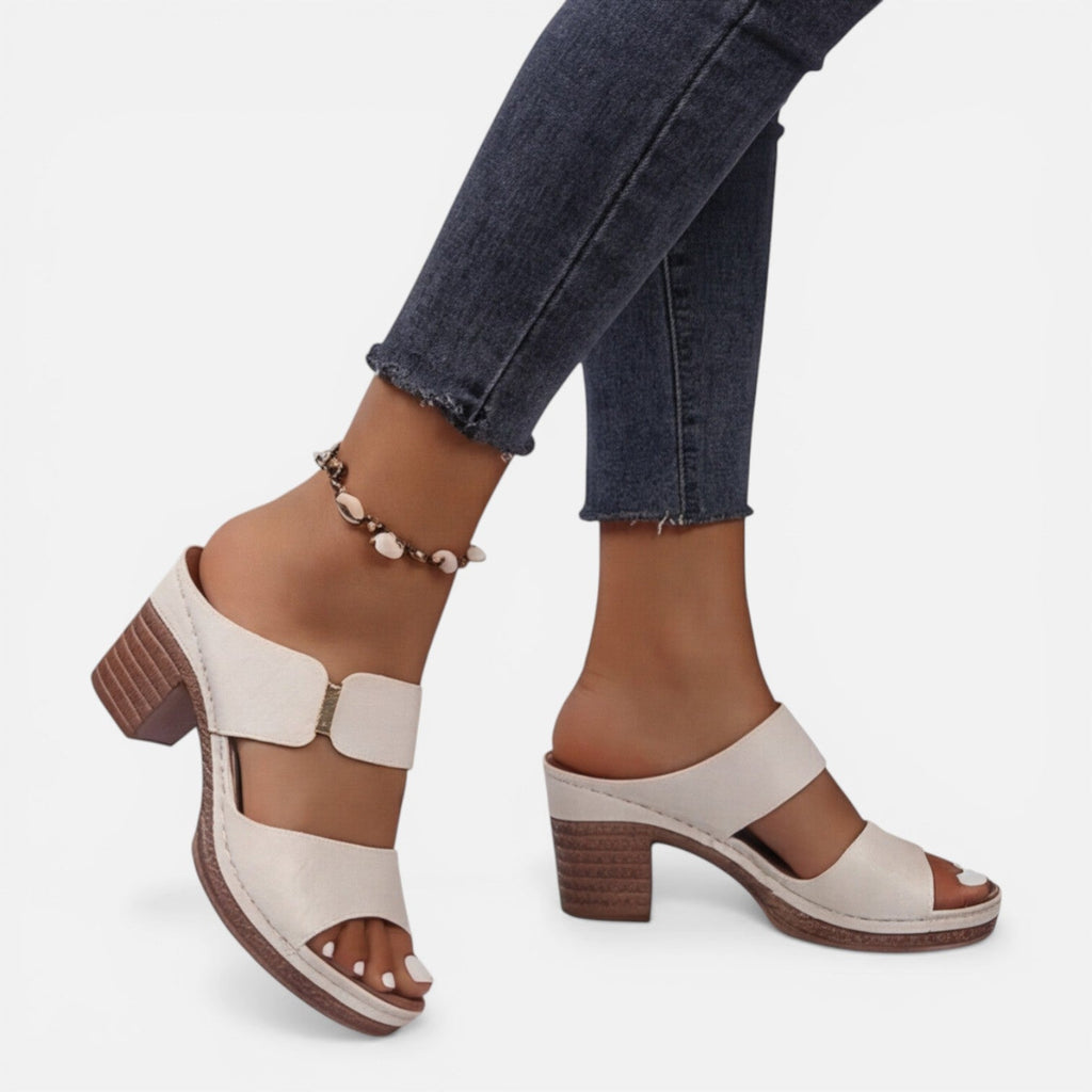 Women's Leather Block Heel Sandals - Open Toe Summer Footwear