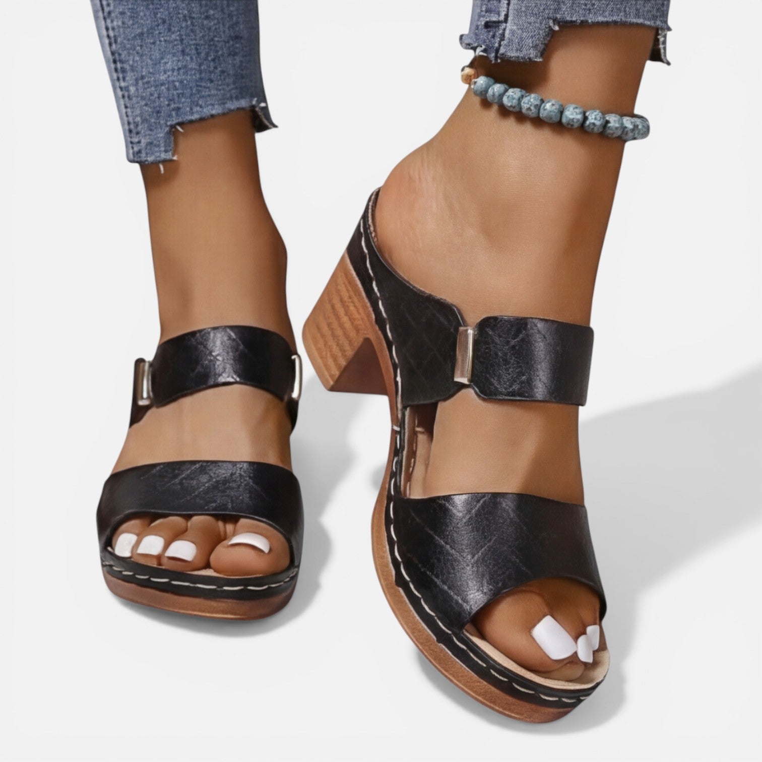 Women's Leather Block Heel Sandals - Open Toe Summer Footwear
