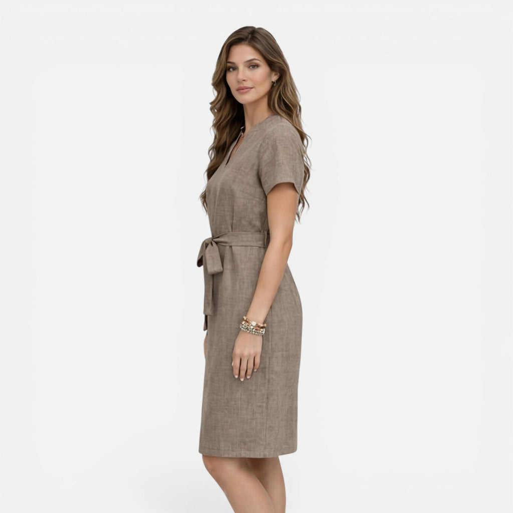 Women's Lightweight Belted V-Neck Midi Dress with Short Sleeves