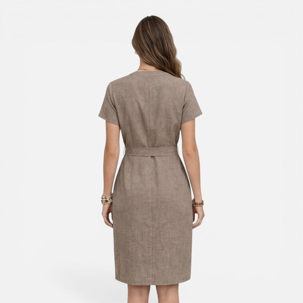 Women's Lightweight Belted V-Neck Midi Dress with Short Sleeves