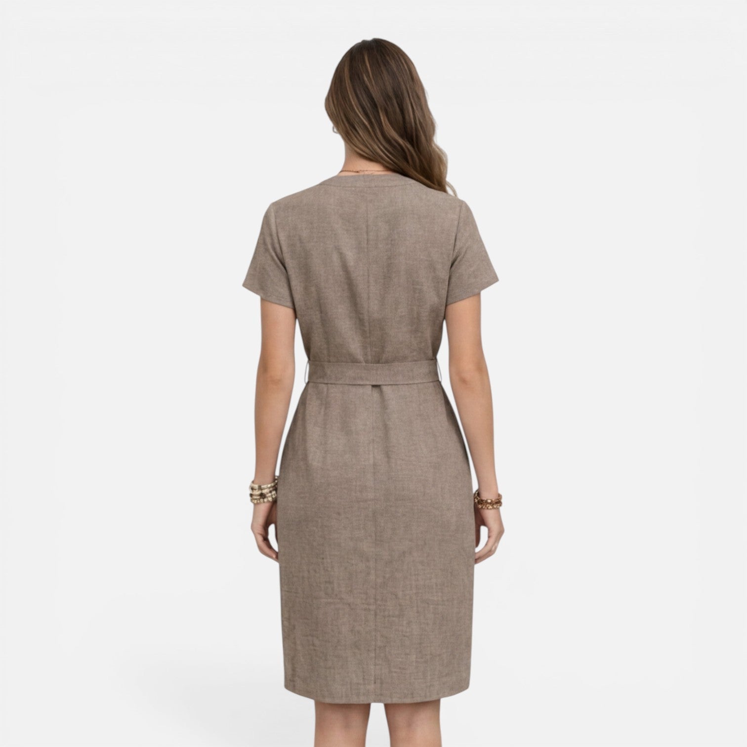 Women's Lightweight Belted V-Neck Midi Dress with Short Sleeves