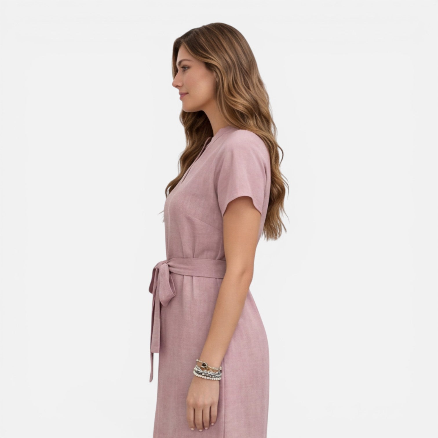Women's Lightweight Belted V-Neck Midi Dress with Short Sleeves