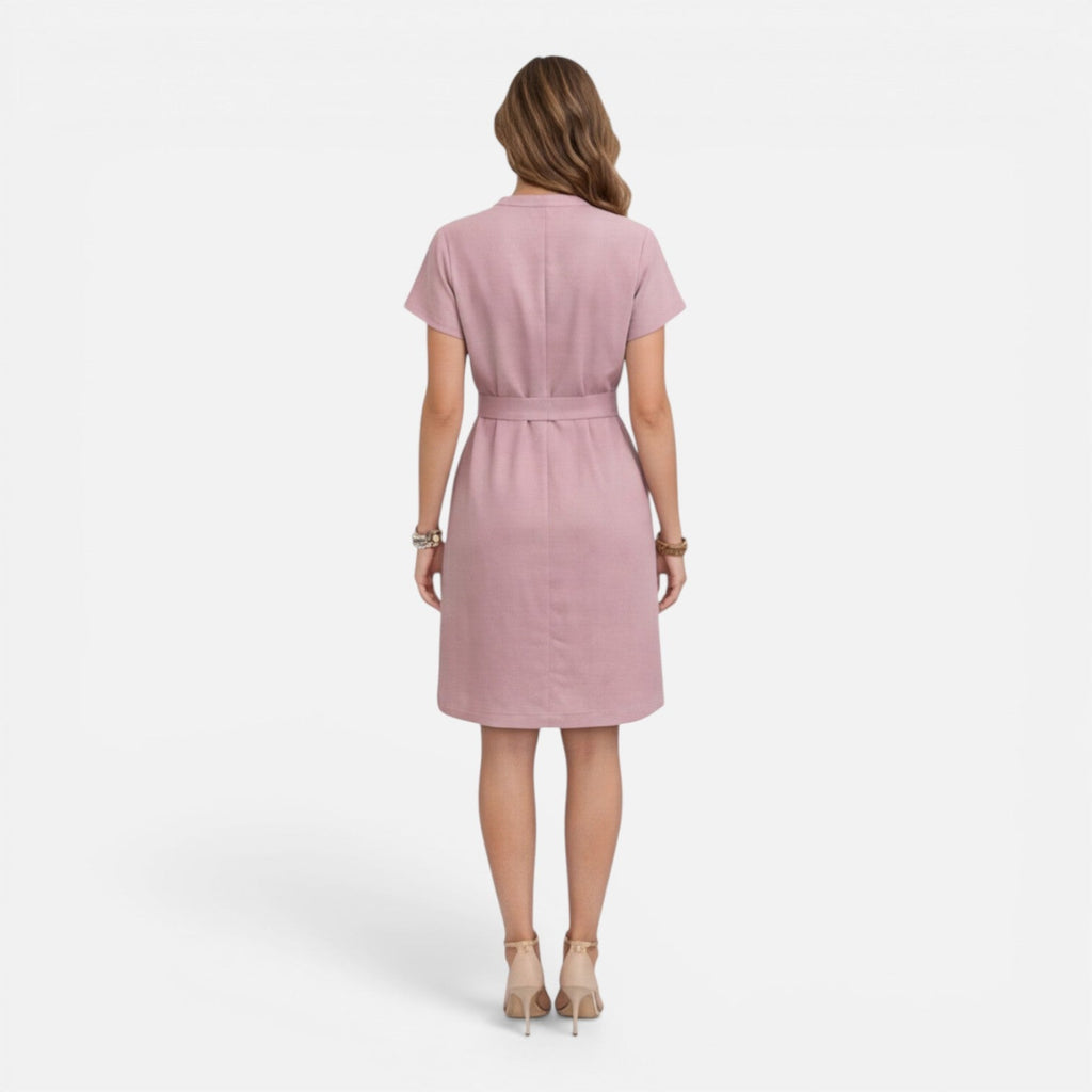 Women's Lightweight Belted V-Neck Midi Dress with Short Sleeves